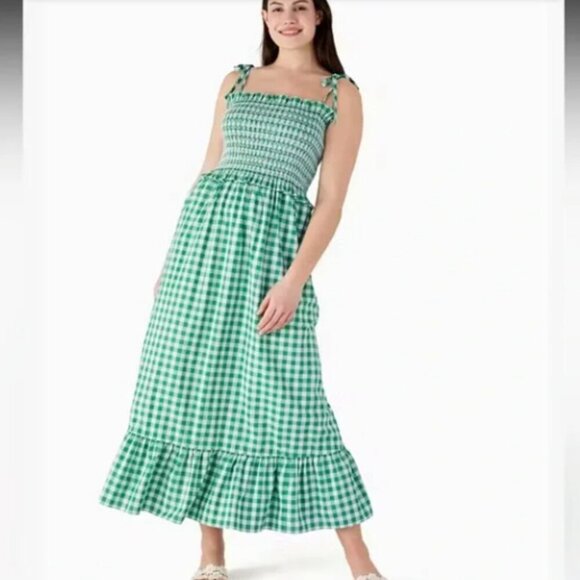 Kate spade Green & White Gingham Smocked-bodice Dress size LG - POCKETS!! - Picture 9 of 11